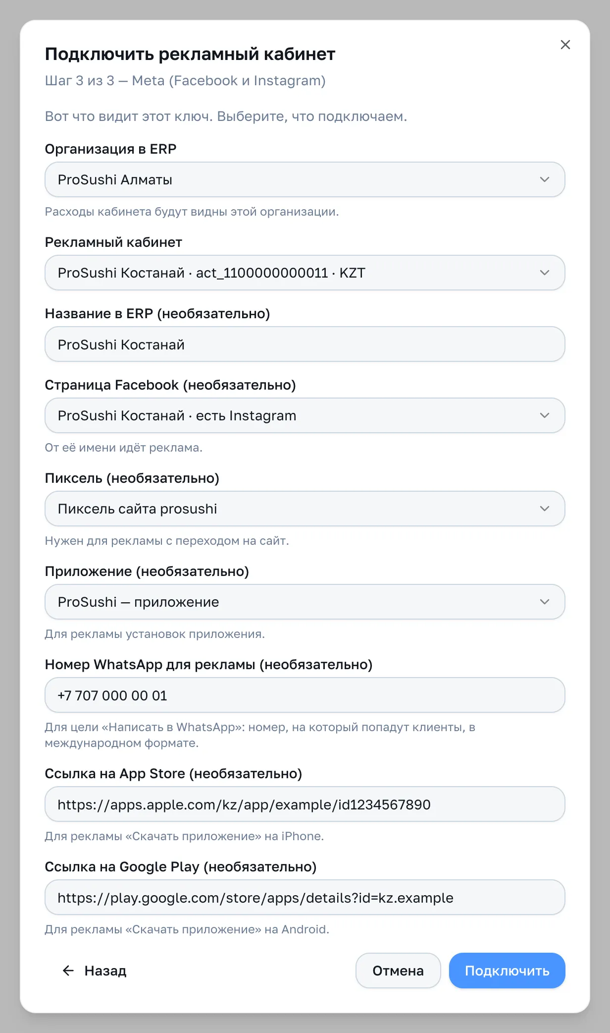 Подключение: выбор организации, кабинета и страницы