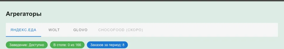 Вкладки агрегаторов и плашки состояния