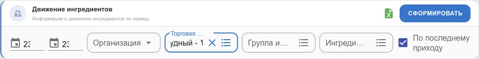 Фильтр отчёта: период, организация, точка, категория и ингредиент