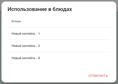 Окно «Использование в блюдах» со списком блюд