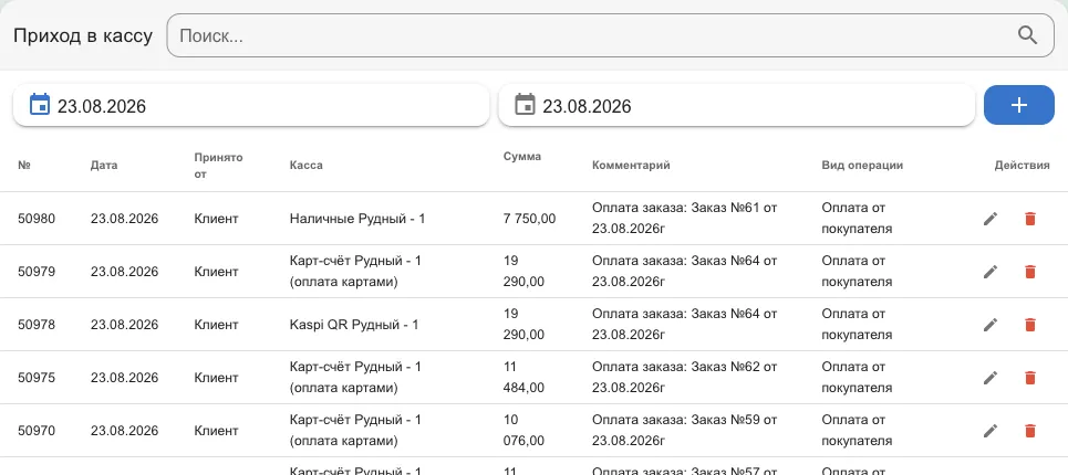 Список приходов: принято от, касса, сумма, комментарий, вид операции