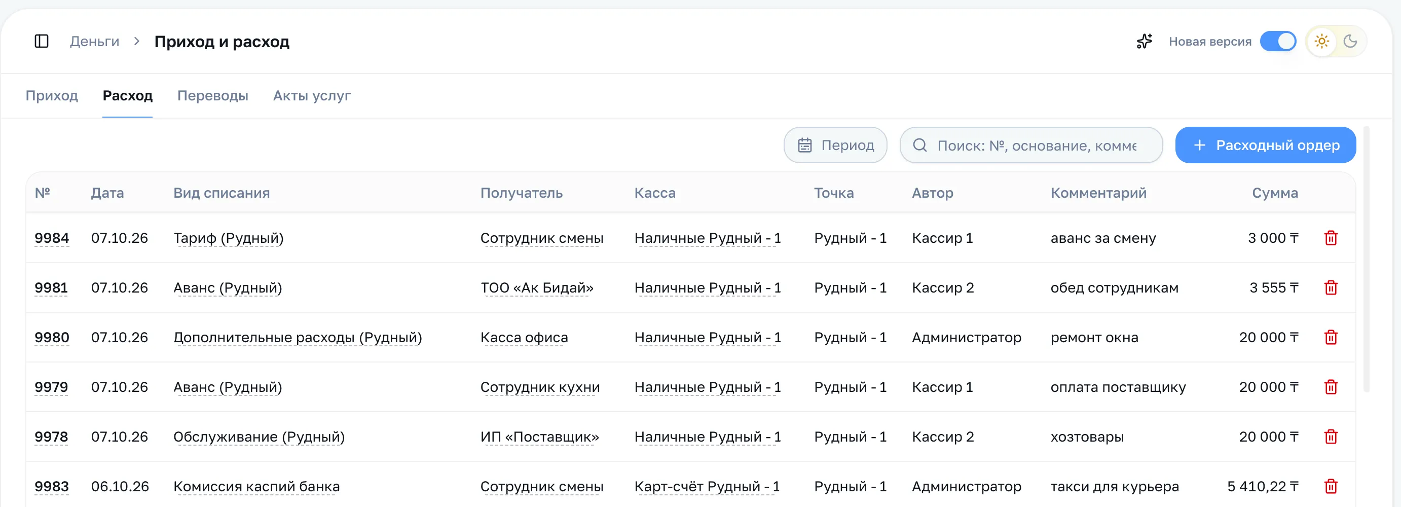 Вкладка «Расход»: вид списания, получатель, касса, точка, автор, комментарий и сумма