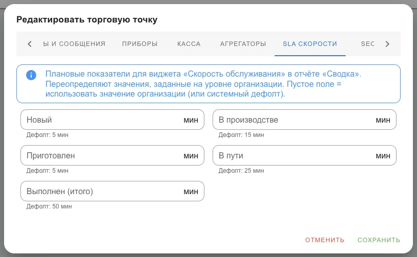 Вкладка «SLA скорости»: плановые минуты по стадиям