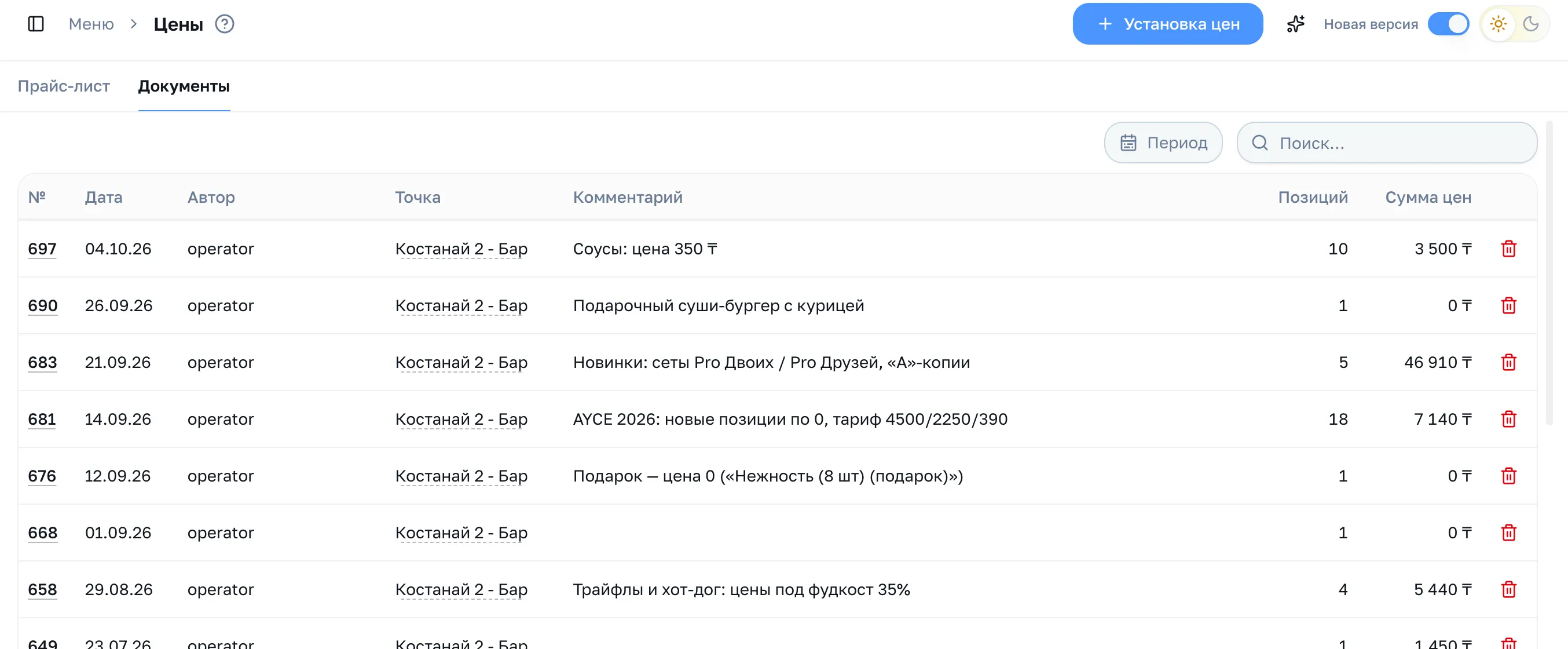 Журнал документов «Установка цен» с фильтром по периоду и поиском