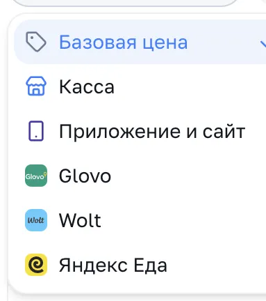 Селектор канала: базовая цена, касса, приложение и сайт, Glovo, Wolt, Яндекс Еда