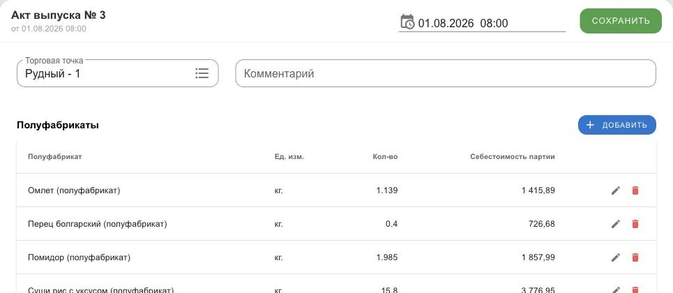 Документ акта выпуска: точка, комментарий, таблица полуфабрикатов