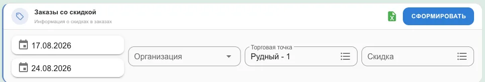 Панель отчёта: период, организация, торговая точка, скидка