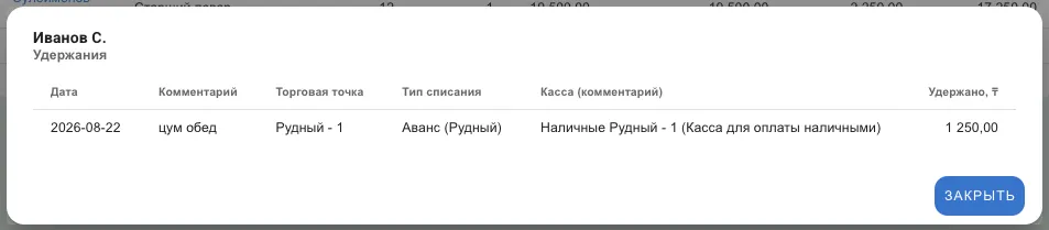 Карточка сотрудника с расшифровкой удержаний